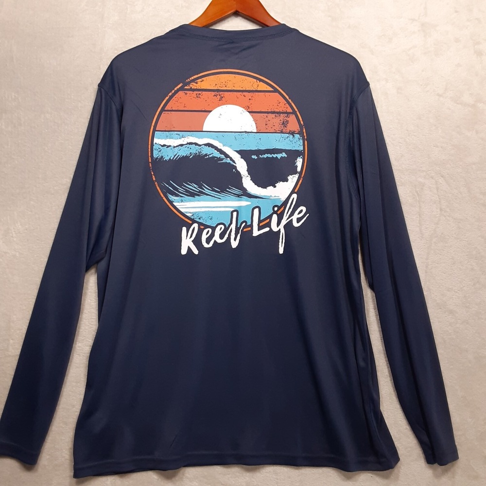 Reel Life Mens Sun & Water Graphic LS UV Shirt XL Blue Catch The Wave